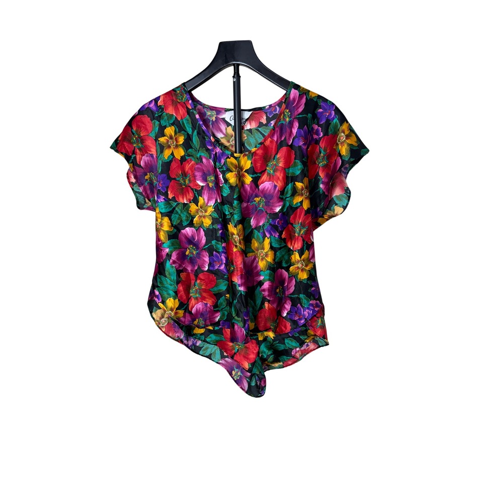 California Miss Vintage Floral Pajama Set Shorts Top Multicolor Satin Large USA